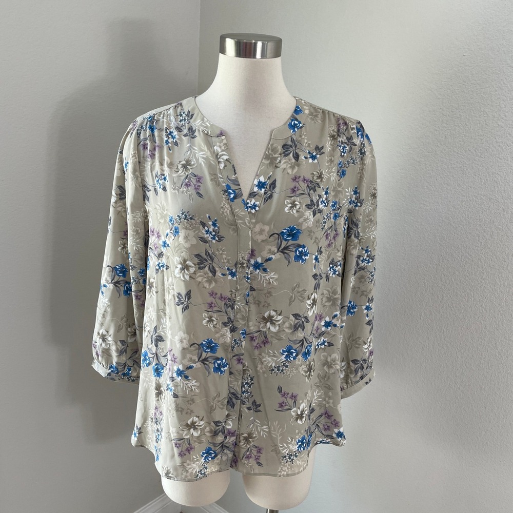 NYDJ Womens Medium Floral Pleated V Neck 3/4 Sleeve Blouse Tunic Top